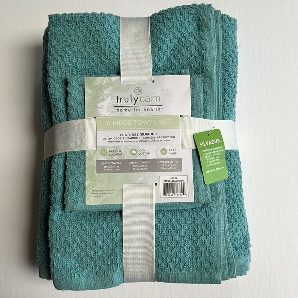 Truly Calm Towel Set Aqua Blue 6 Piece, Bath, Hand & Washcloths 100% Cotton